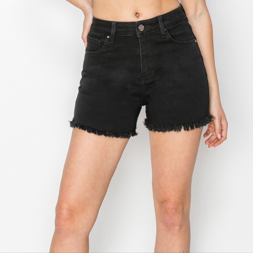 RISEN Black Cut-off Frayed High Rise Distressed Denim Mid-length Jean Shorts - Picture 12 of 16